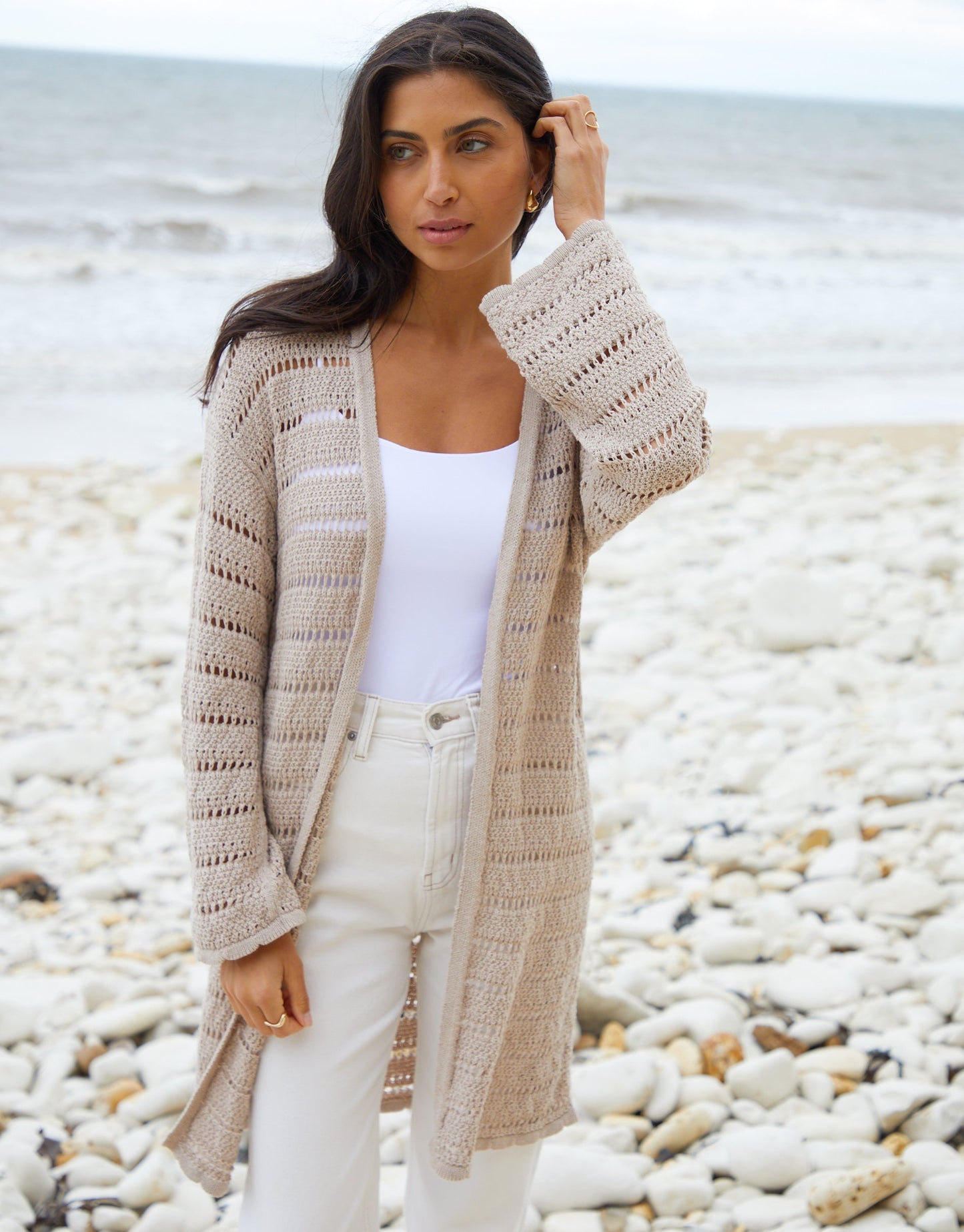 Women's Stone Longline Crochet Cardigan