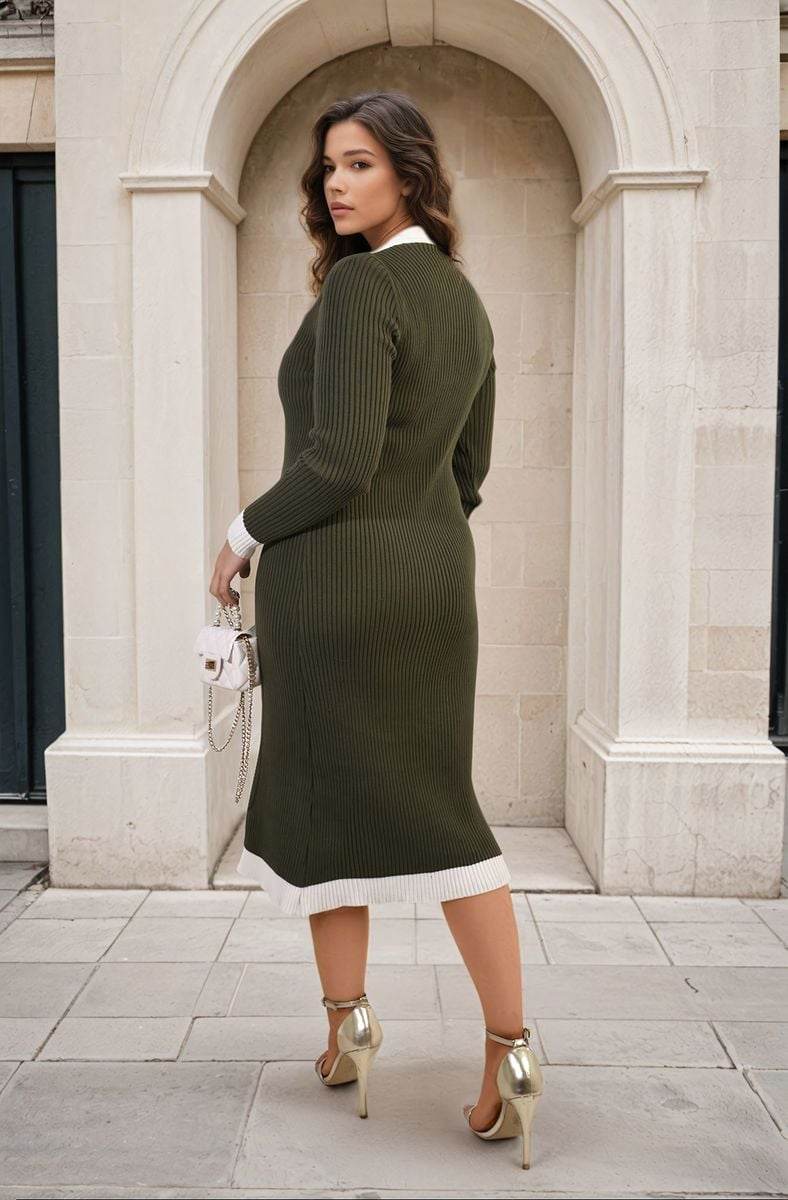 Knitted Contrast Trim Long Sleeve Midi Dress - Lunavitae