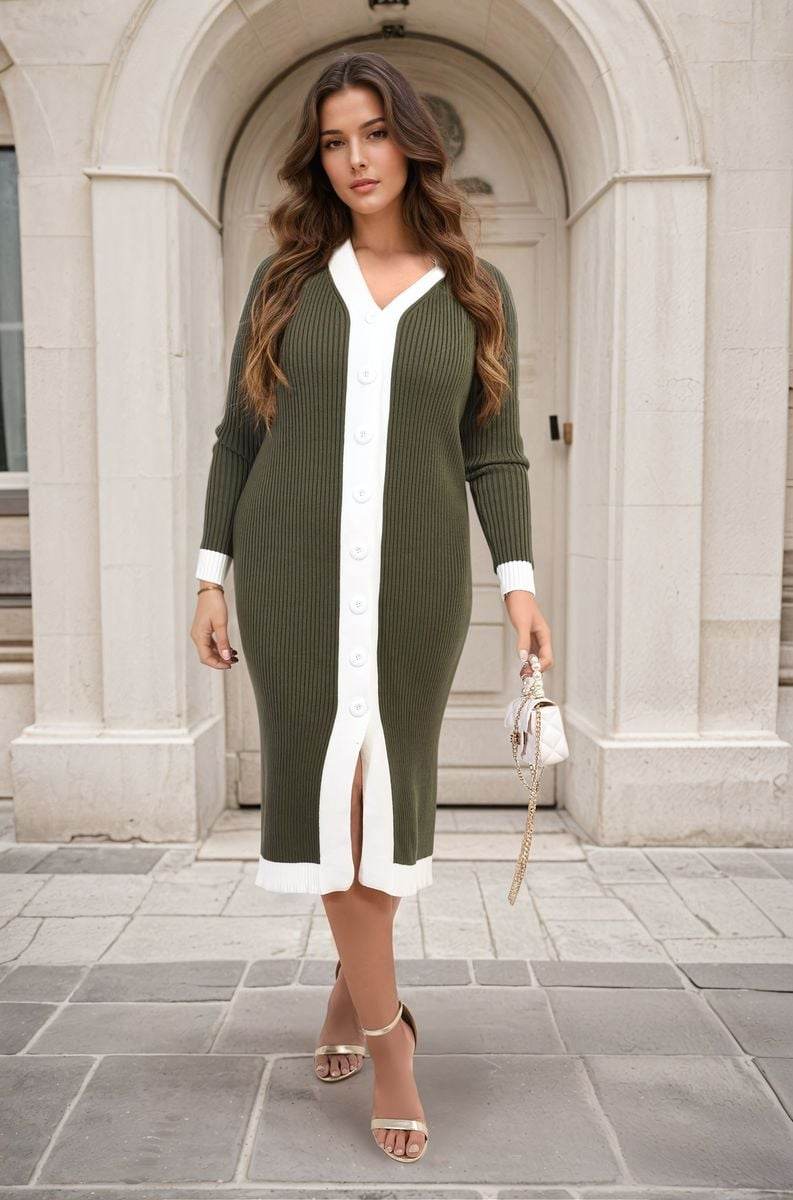 Knitted Contrast Trim Long Sleeve Midi Dress - Lunavitae