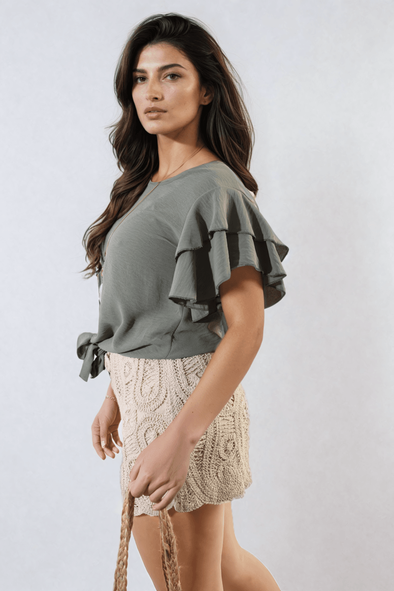 Layered Ruffle Short Sleeve Tie Front Top - Lunavitae