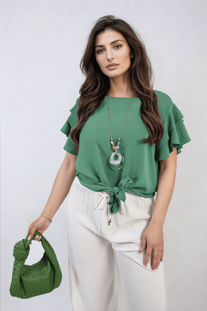 Layered Ruffle Short Sleeve Tie Front Top - Lunavitae