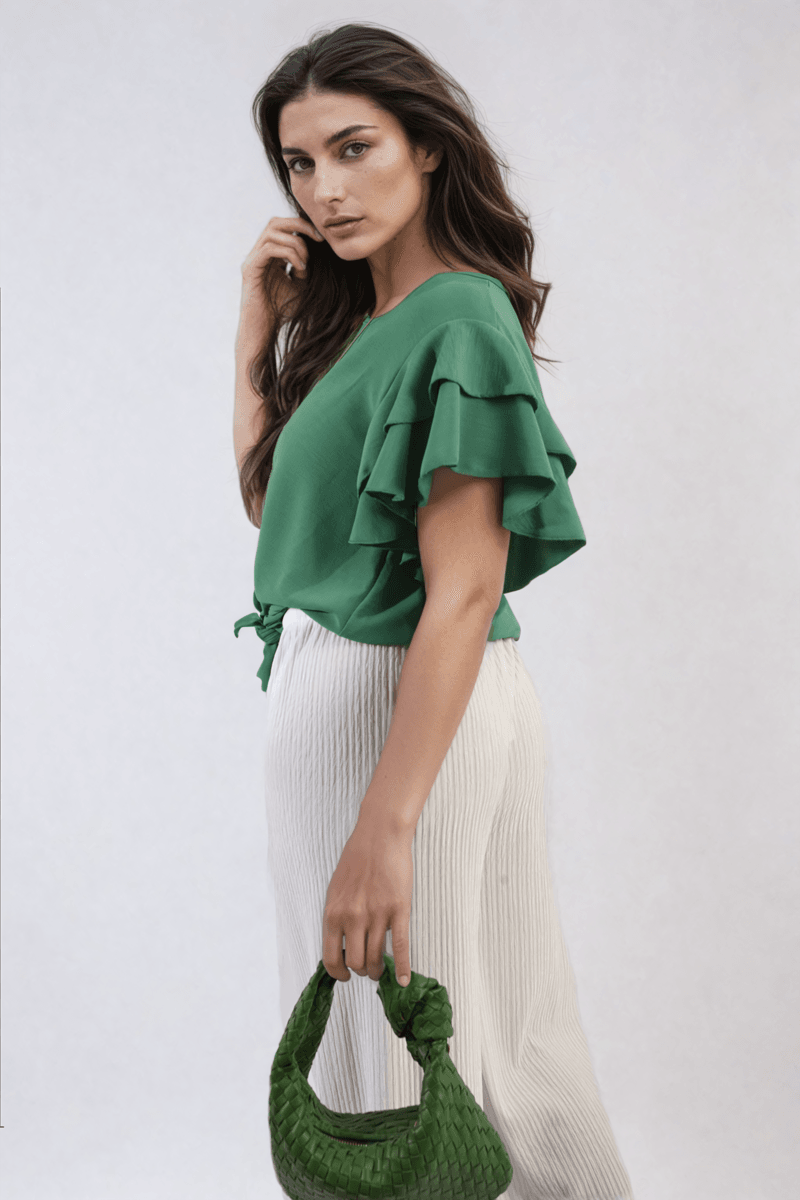 Layered Ruffle Short Sleeve Tie Front Top - Lunavitae