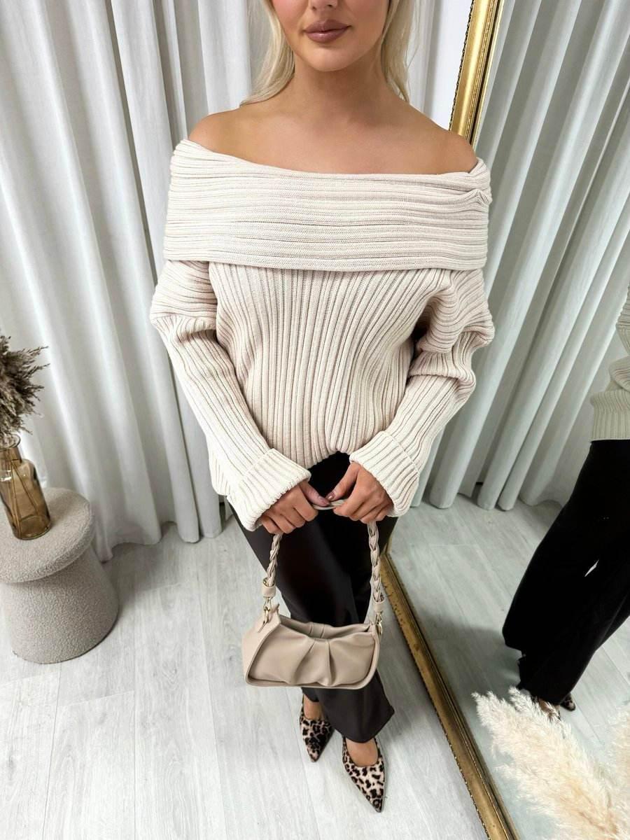 Off Shoulder Long Sleeve Knitted Loose Top - Lunavitae