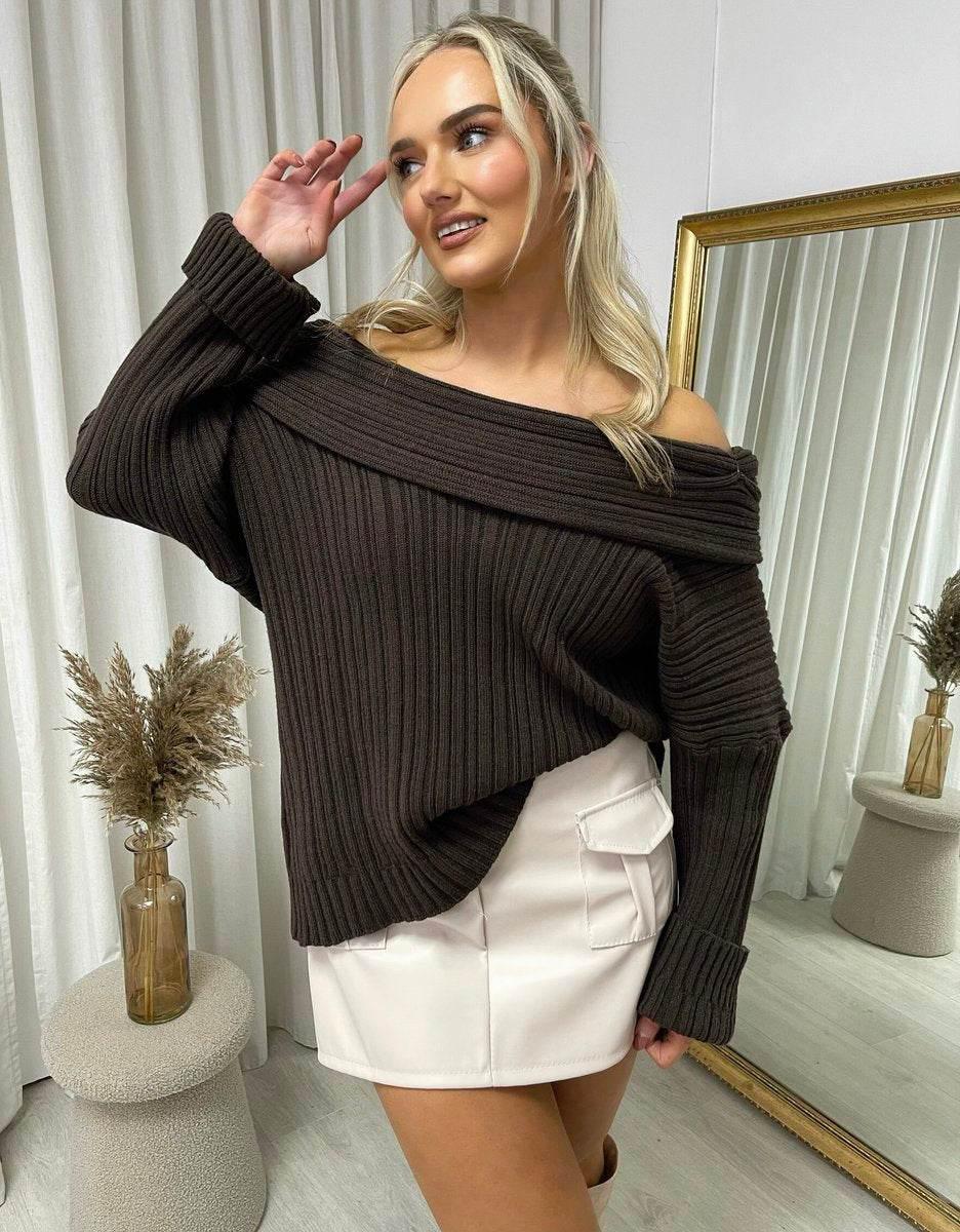 Off Shoulder Long Sleeve Knitted Loose Top - Lunavitae