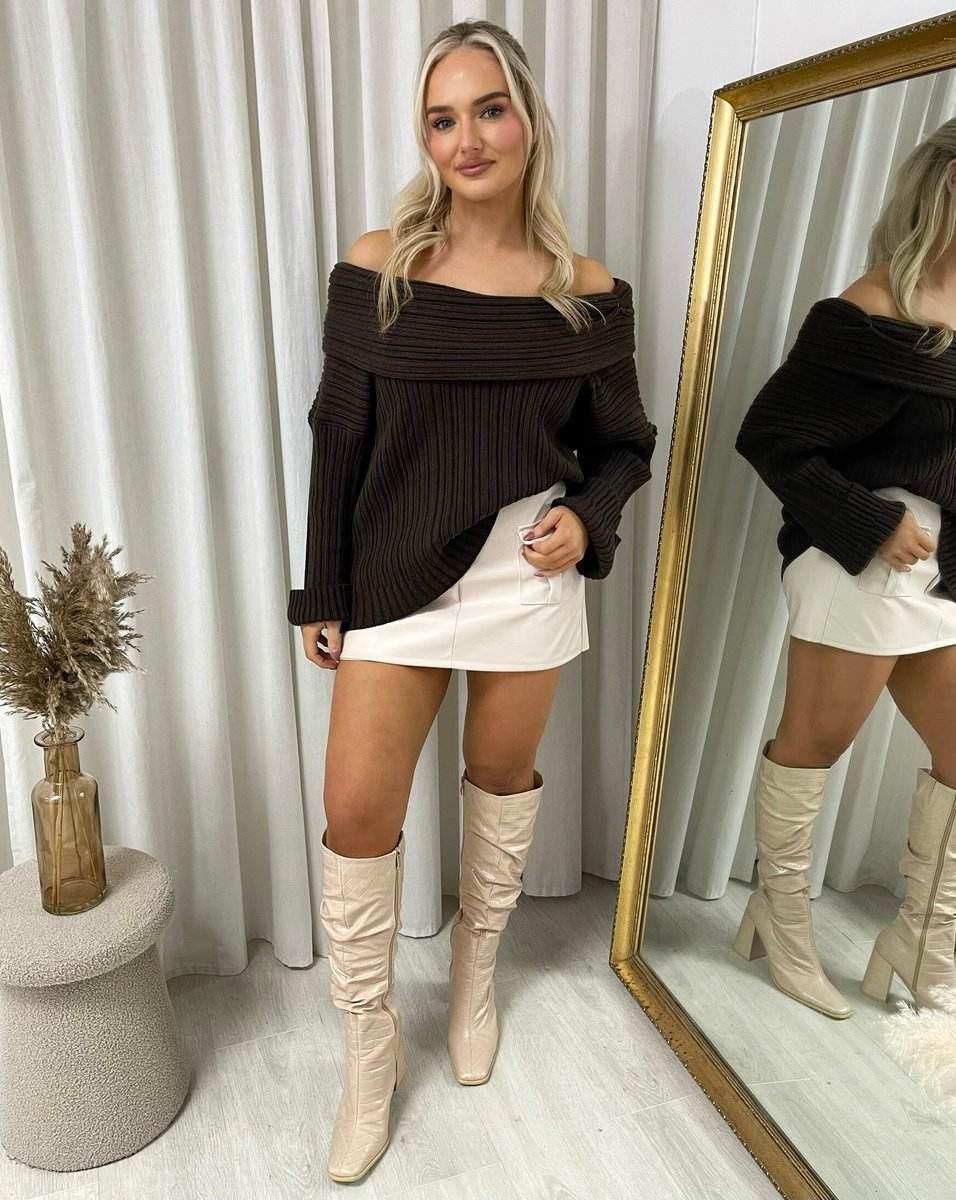 Off Shoulder Long Sleeve Knitted Loose Top - Lunavitae