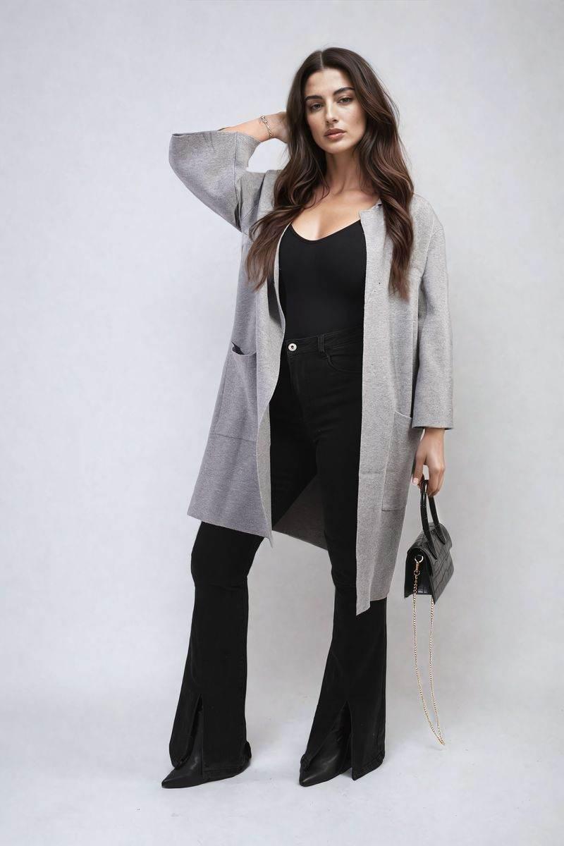 Open Front Longline Knitted Cardigan with Front Pockets - Lunavitae