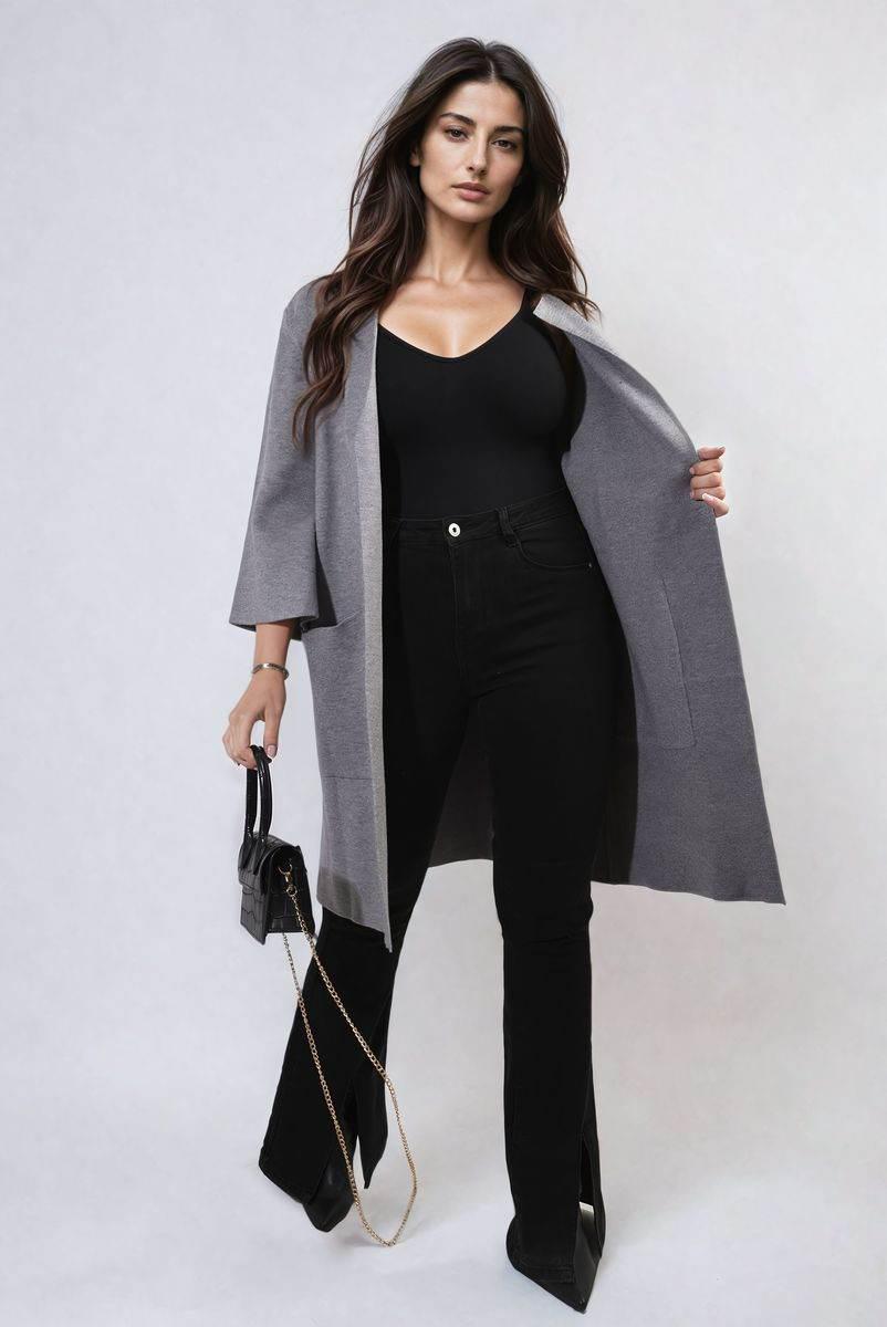 Open Front Longline Knitted Cardigan with Front Pockets - Lunavitae