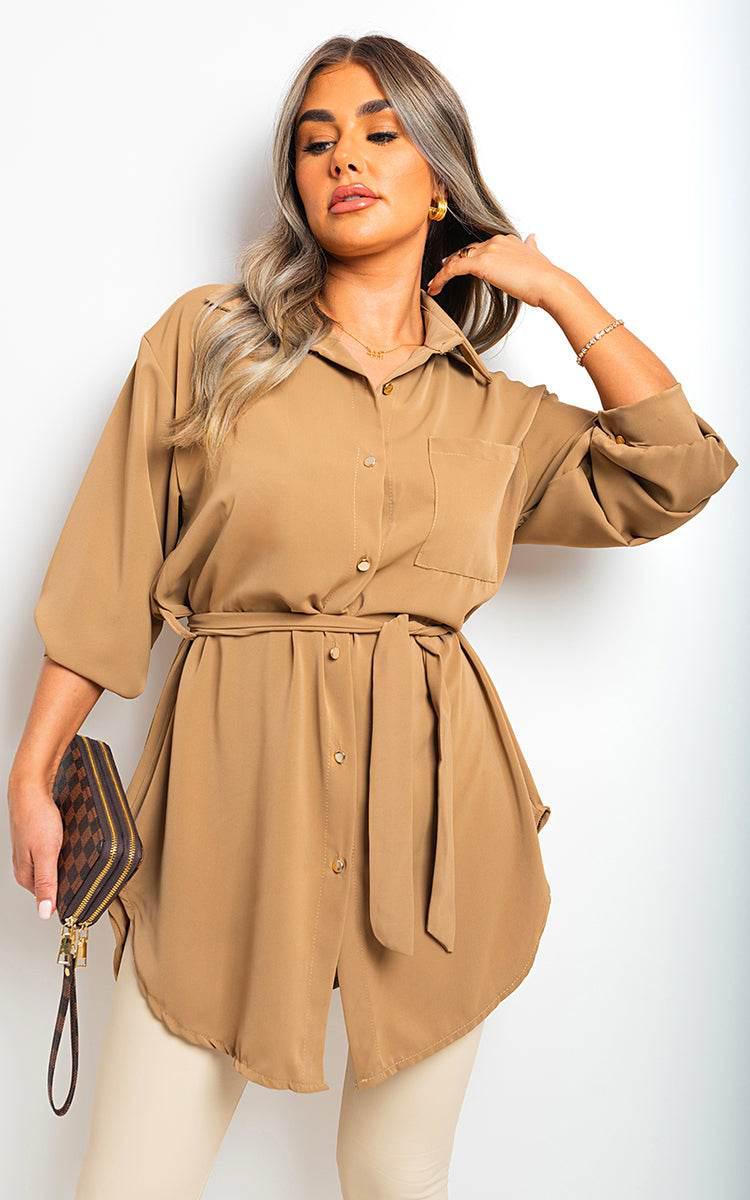 Oversized Button Front Belted Top - Lunavitae