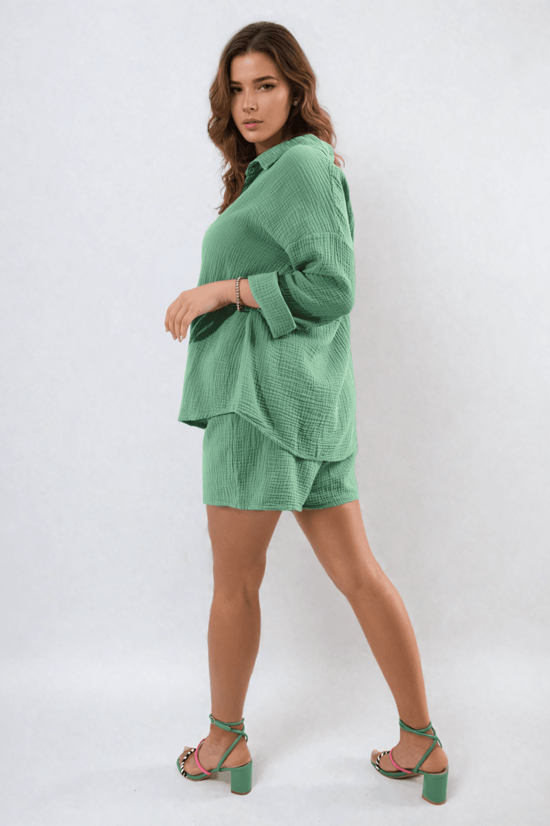 Oversized Button Front Shirt and Shorts Co-ord Set - Lunavitae