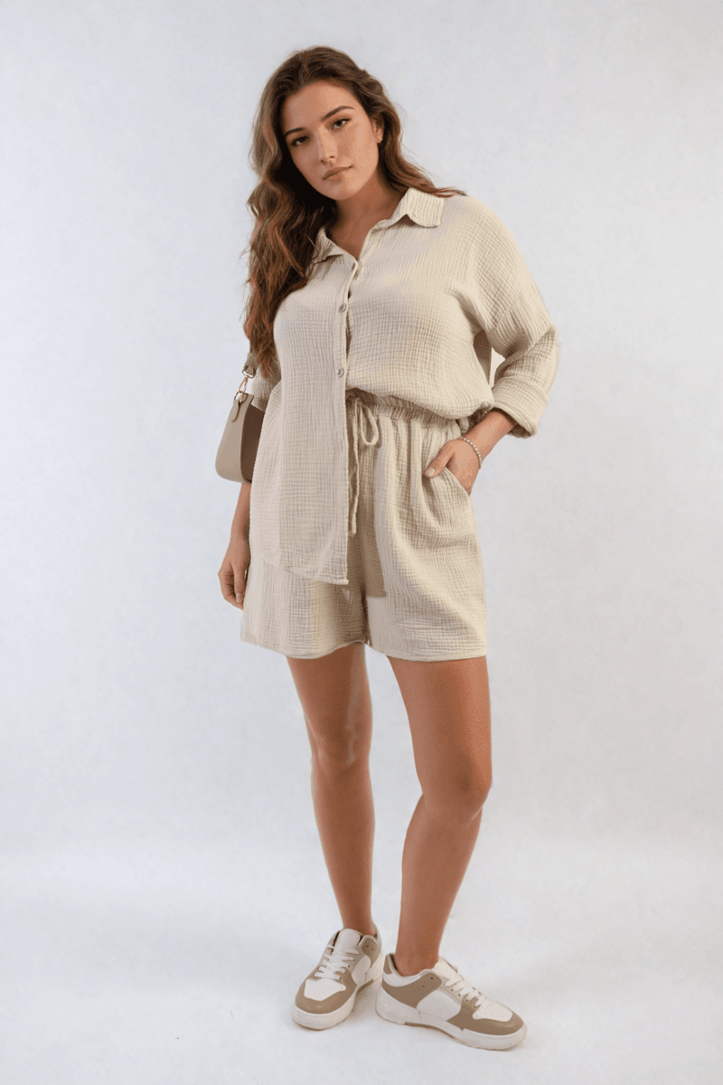 Oversized Button Front Shirt and Shorts Co-ord Set - Lunavitae