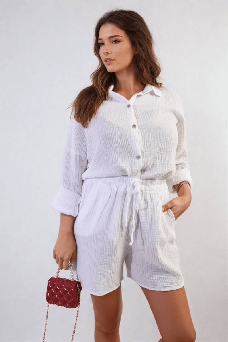 Oversized Button Front Shirt and Shorts Co-ord Set - Lunavitae