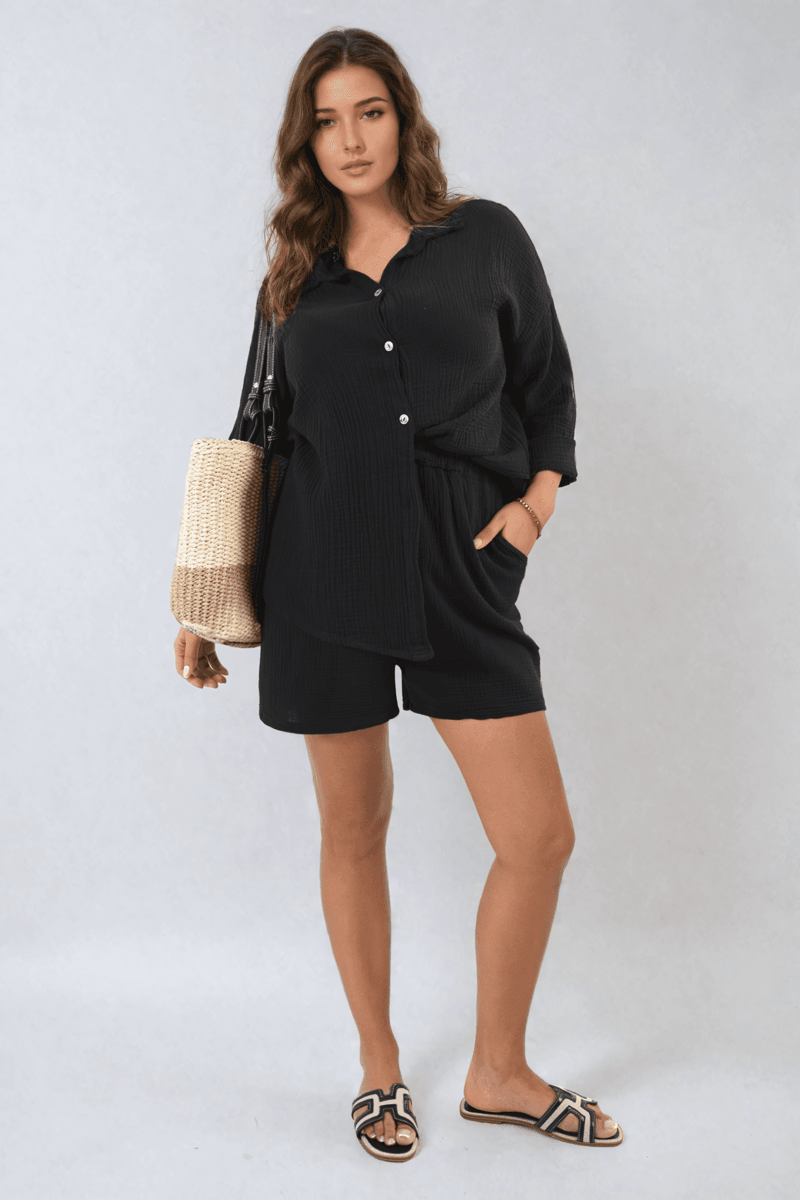 Oversized Button Front Shirt and Shorts Co-ord Set - Lunavitae