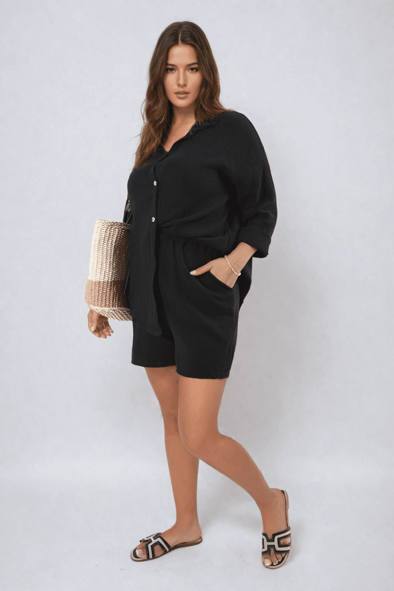 Oversized Button Front Shirt and Shorts Co-ord Set - Lunavitae