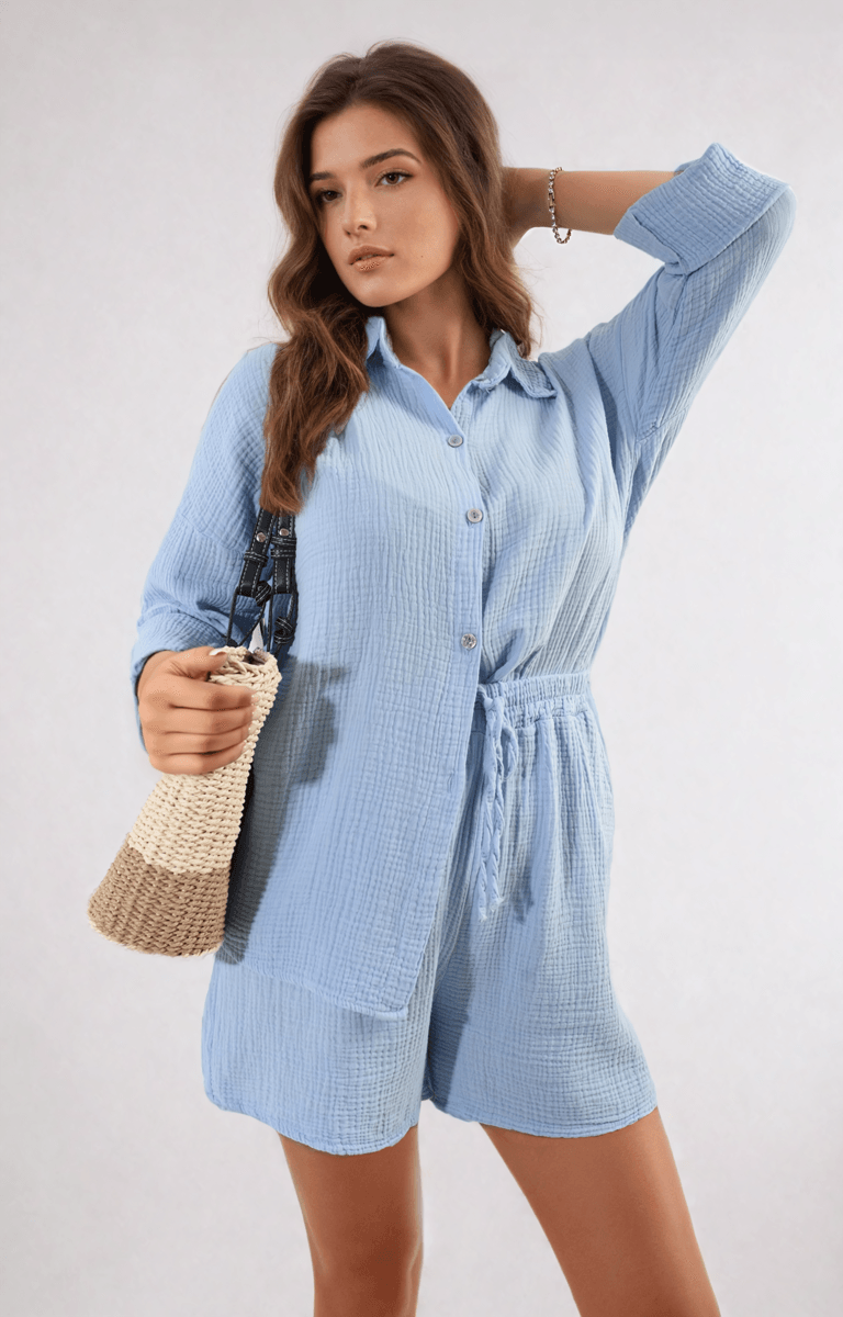 Oversized Button Front Shirt and Shorts Co-ord Set - Lunavitae