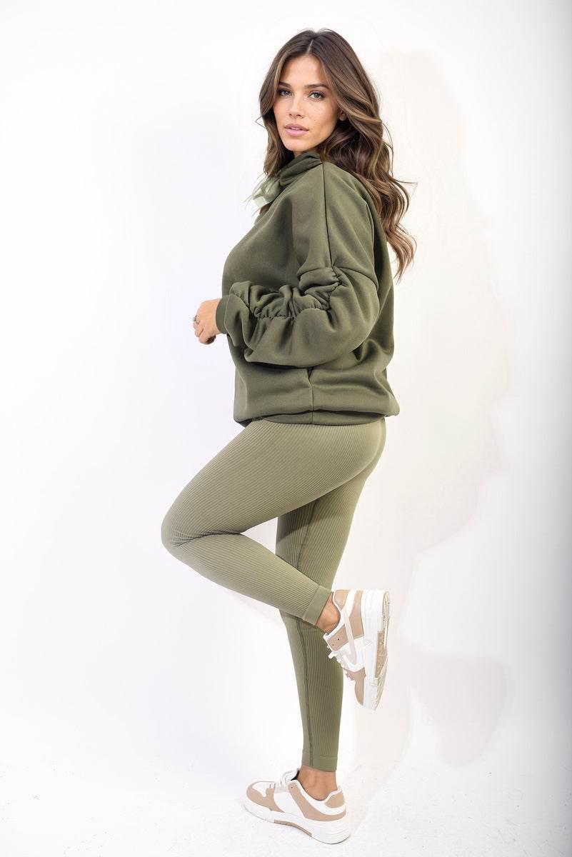 Oversized Ruched Sleeves Knitted Hoodie with Ribbon Detail - Lunavitae