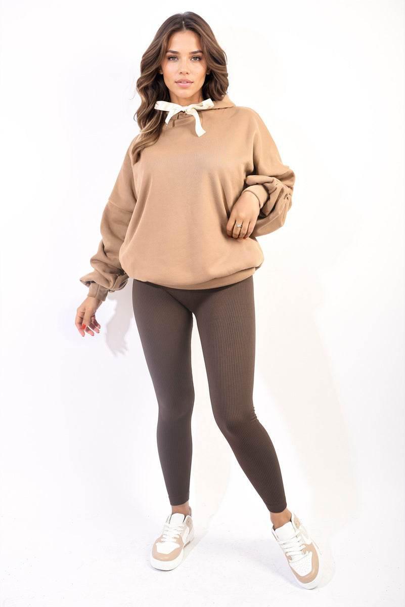 Oversized Ruched Sleeves Knitted Hoodie with Ribbon Detail - Lunavitae