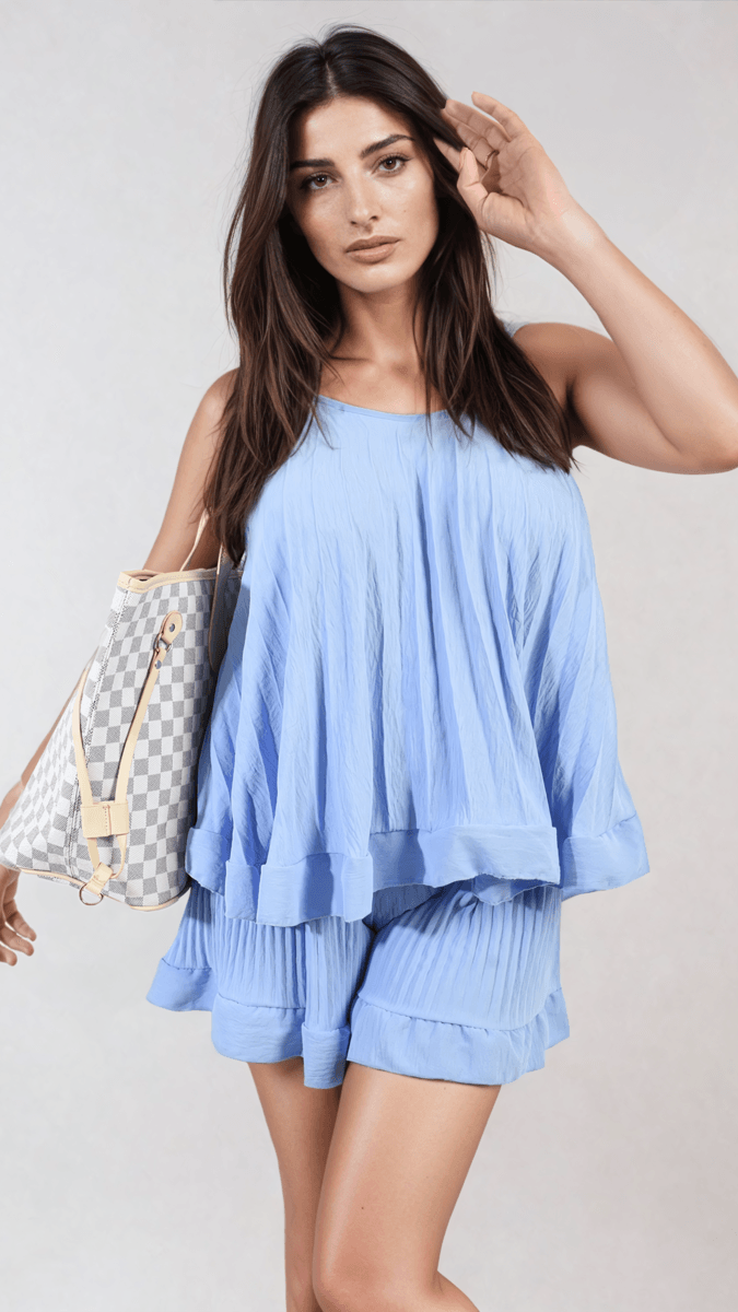 Pleated Strappy Frill Top and Shorts Co-ord Set - Lunavitae