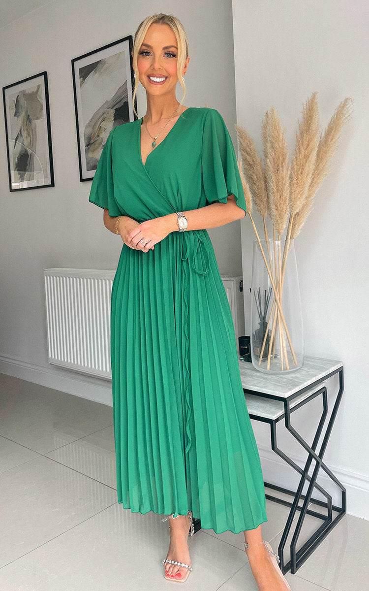 Pleated Wrap Front Maxi Dress - Lunavitae