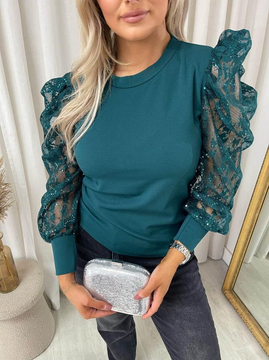 Puff Sleeve Lace Long Sleeve Top - Lunavitae