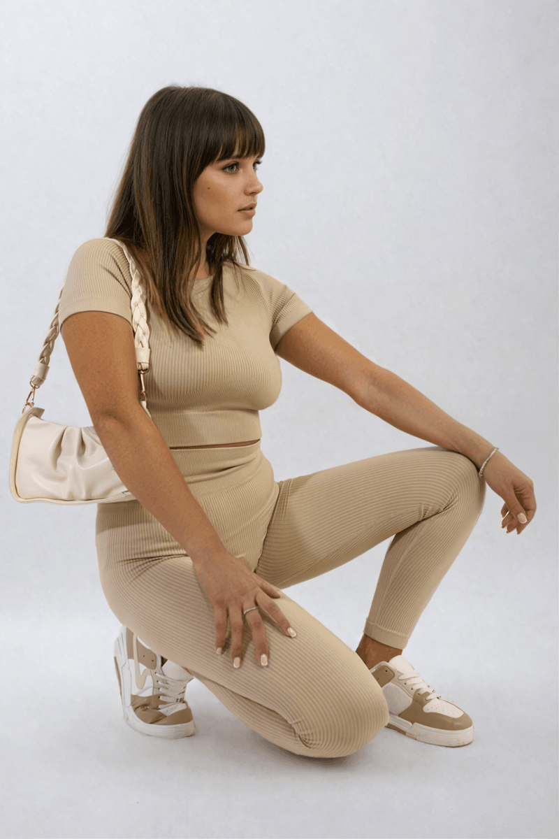 Ribbed Half Zip Crop Top and High Waist Leggings Co-ord Set - Lunavitae