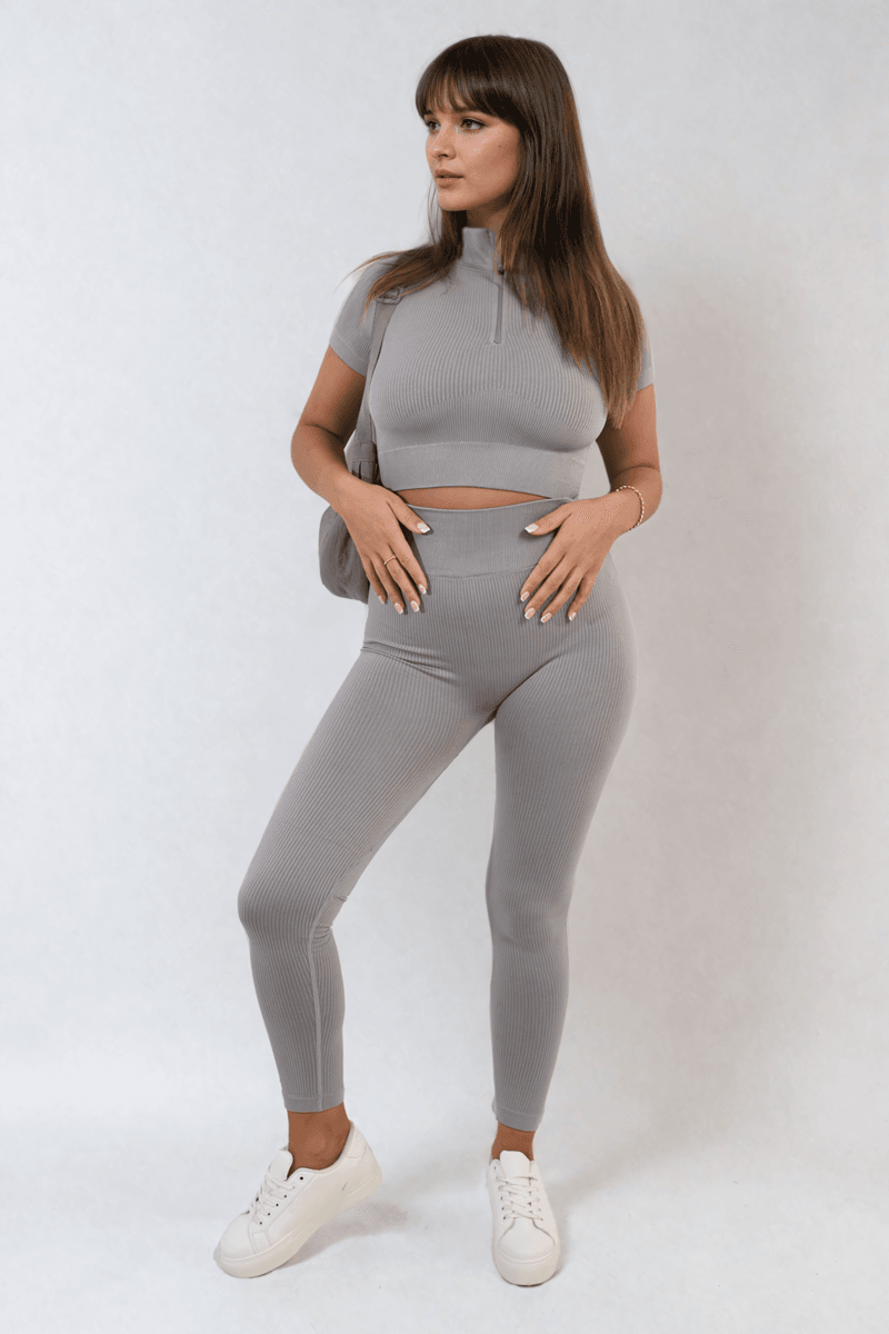 Ribbed Half Zip Crop Top and High Waist Leggings Co-ord Set - Lunavitae