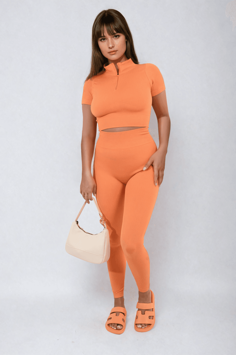 Ribbed Half Zip Crop Top and High Waist Leggings Co-ord Set - Lunavitae