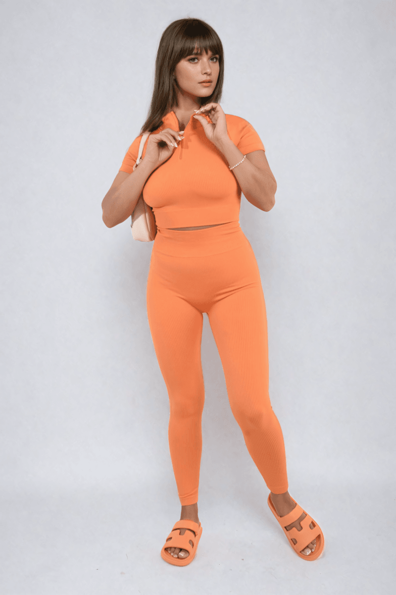 Ribbed Half Zip Crop Top and High Waist Leggings Co-ord Set - Lunavitae