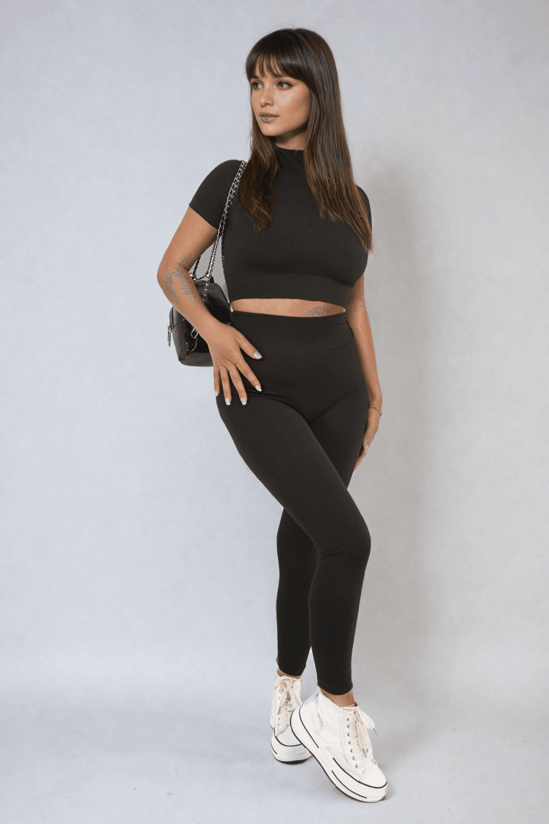 Ribbed Half Zip Crop Top and High Waist Leggings Co-ord Set - Lunavitae