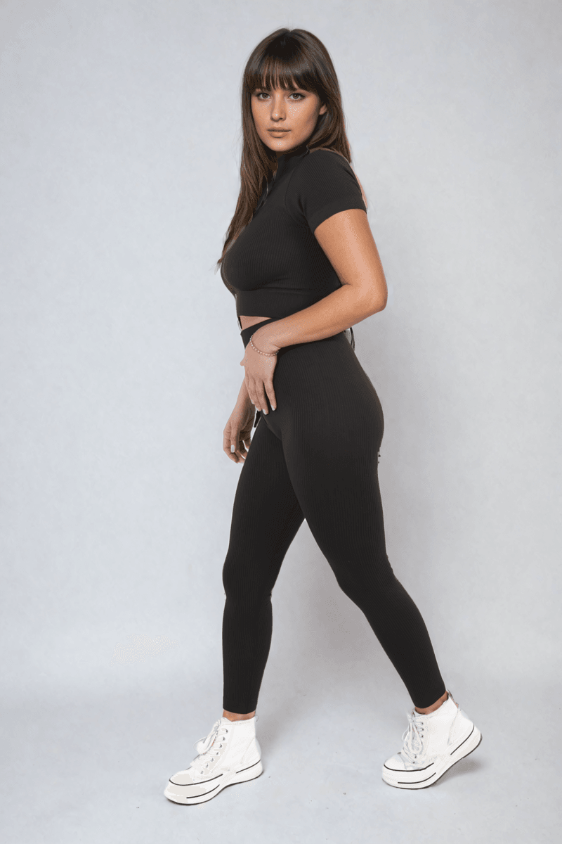 Ribbed Half Zip Crop Top and High Waist Leggings Co-ord Set - Lunavitae