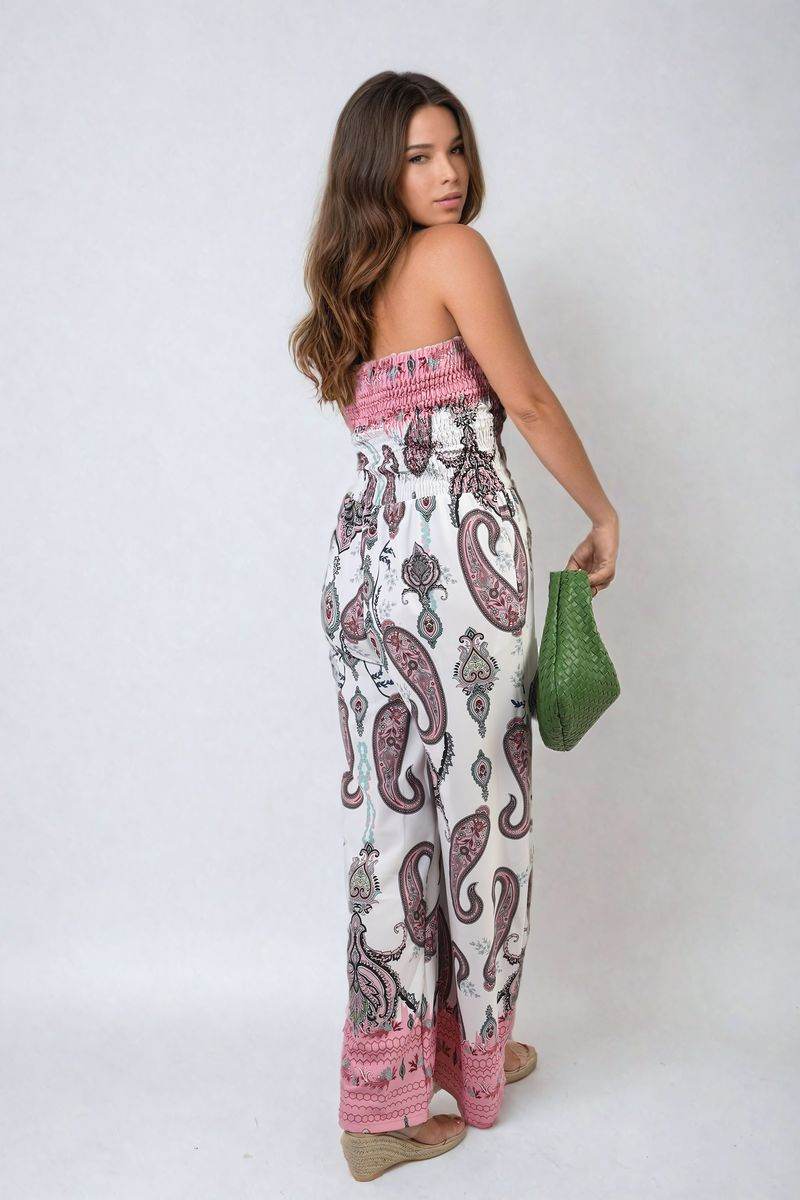 Shirred Strapless Printed Jumpsuit - Lunavitae