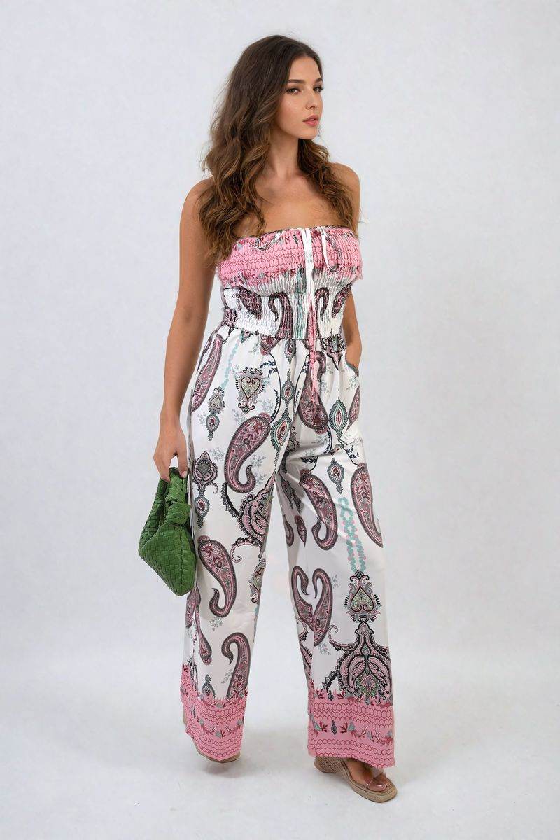 Shirred Strapless Printed Jumpsuit - Lunavitae