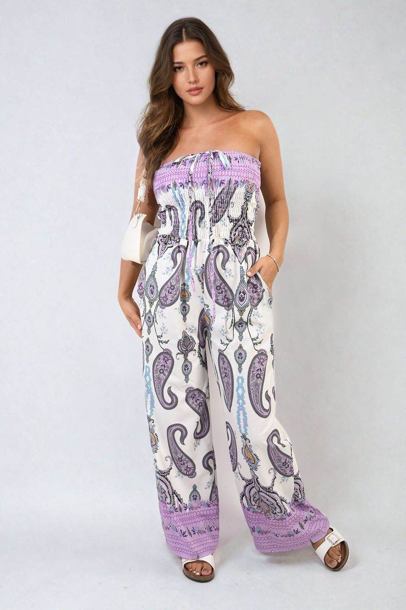 Shirred Strapless Printed Jumpsuit - Lunavitae