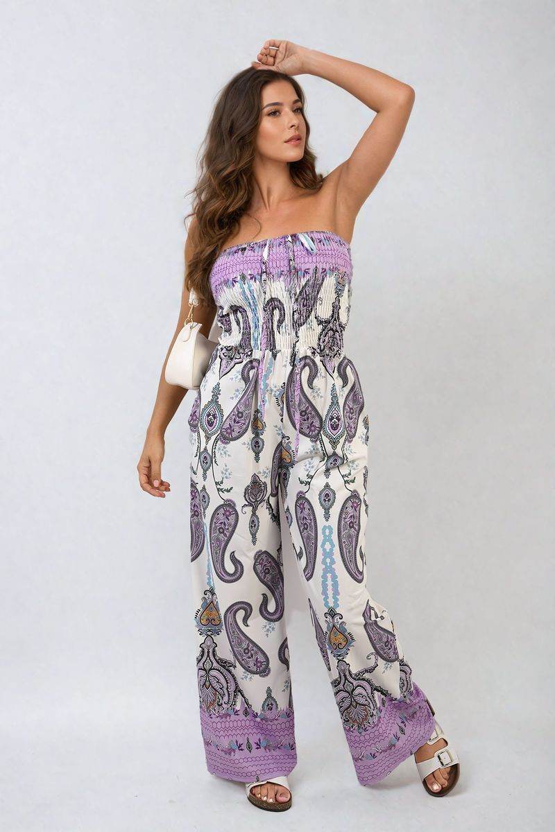 Shirred Strapless Printed Jumpsuit - Lunavitae