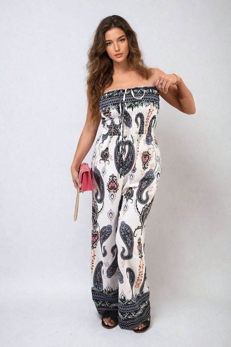 Shirred Strapless Printed Jumpsuit - Lunavitae