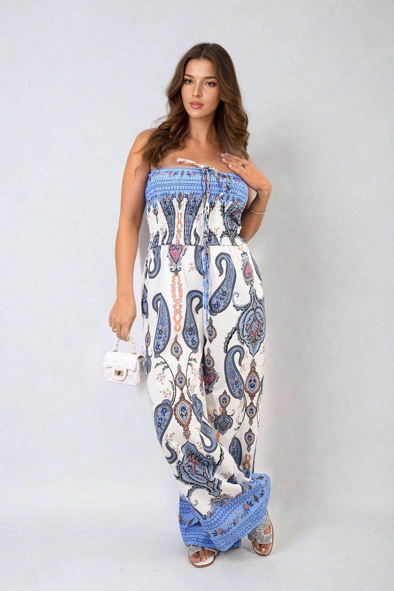 Shirred Strapless Printed Jumpsuit - Lunavitae