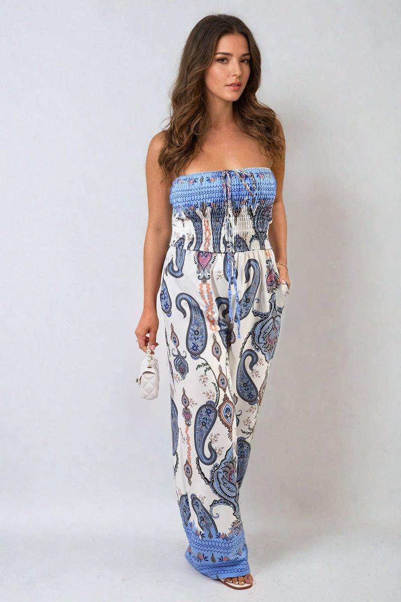 Shirred Strapless Printed Jumpsuit - Lunavitae