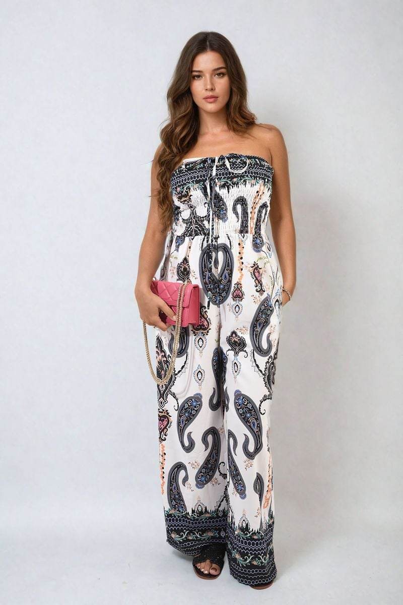 Shirred Strapless Printed Jumpsuit - Lunavitae