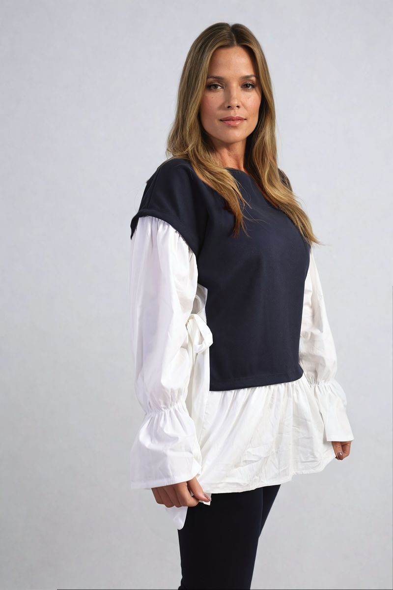 Side Tie Contrast Long Sleeve Knit Frill Top - Lunavitae