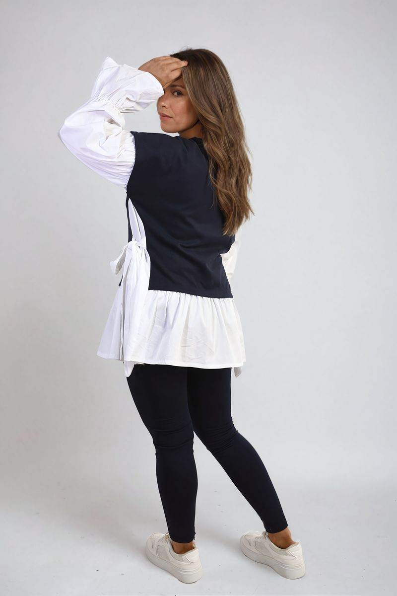 Side Tie Contrast Long Sleeve Knit Frill Top - Lunavitae