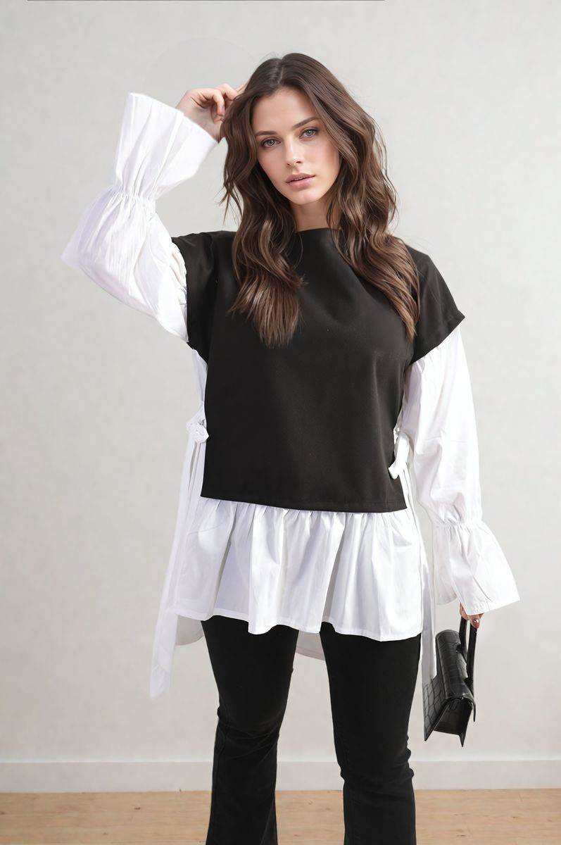 Side Tie Contrast Long Sleeve Knit Frill Top - Lunavitae