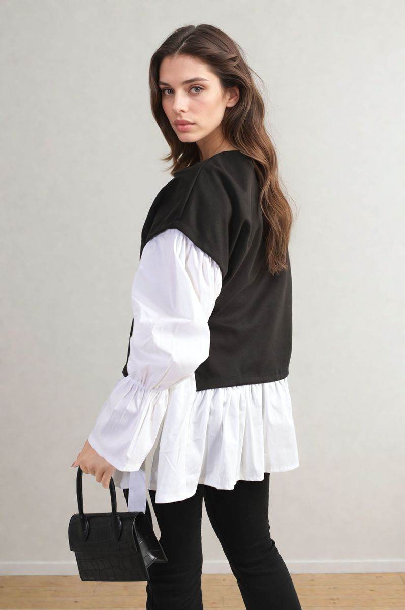 Side Tie Contrast Long Sleeve Knit Frill Top - Lunavitae