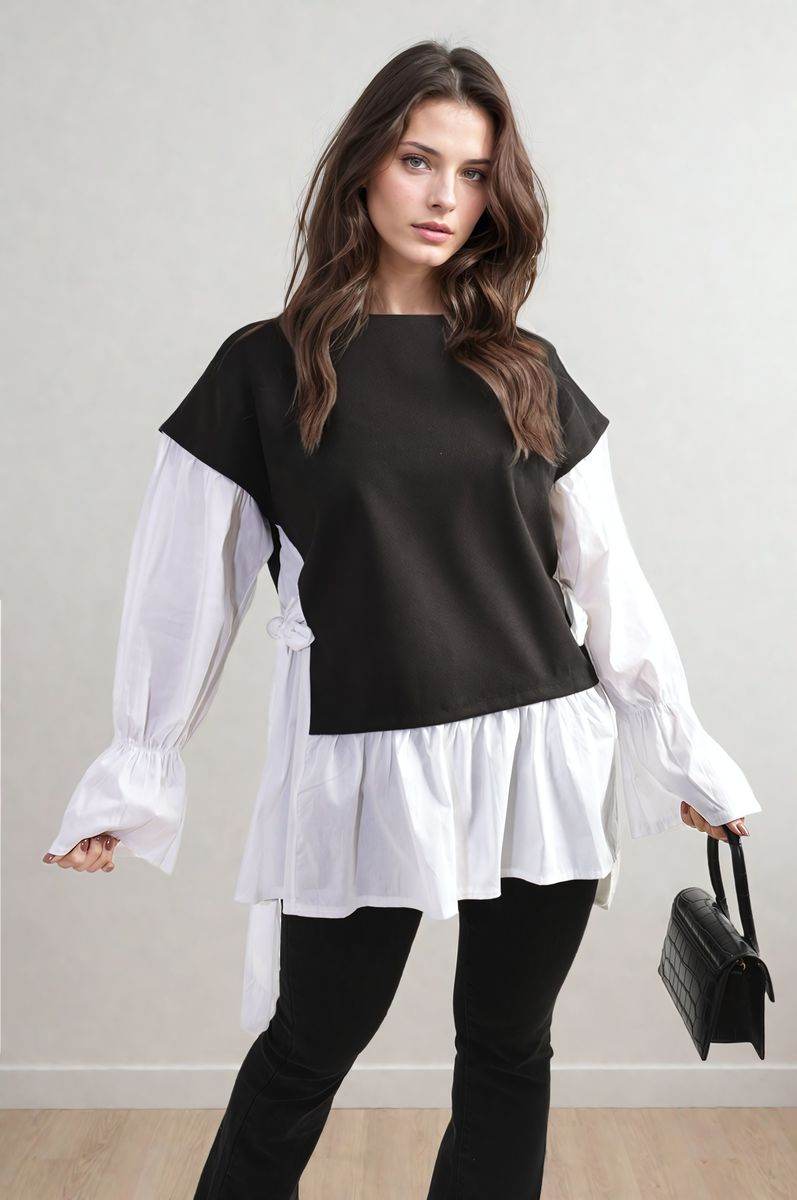 Side Tie Contrast Long Sleeve Knit Frill Top - Lunavitae