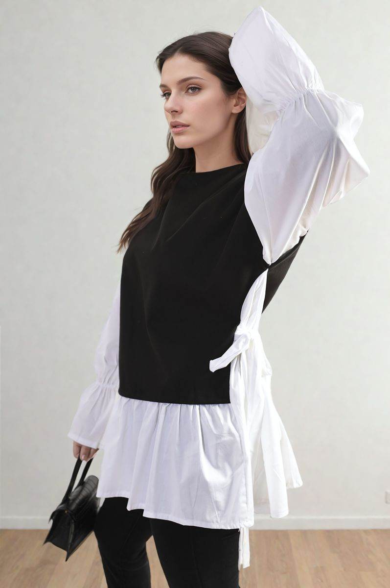 Side Tie Contrast Long Sleeve Knit Frill Top - Lunavitae