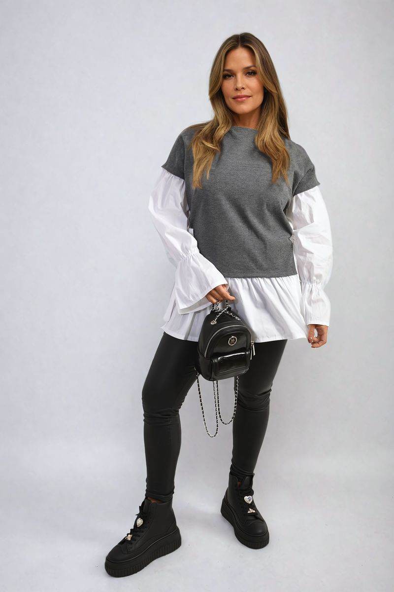 Side Tie Contrast Long Sleeve Knit Frill Top - Lunavitae