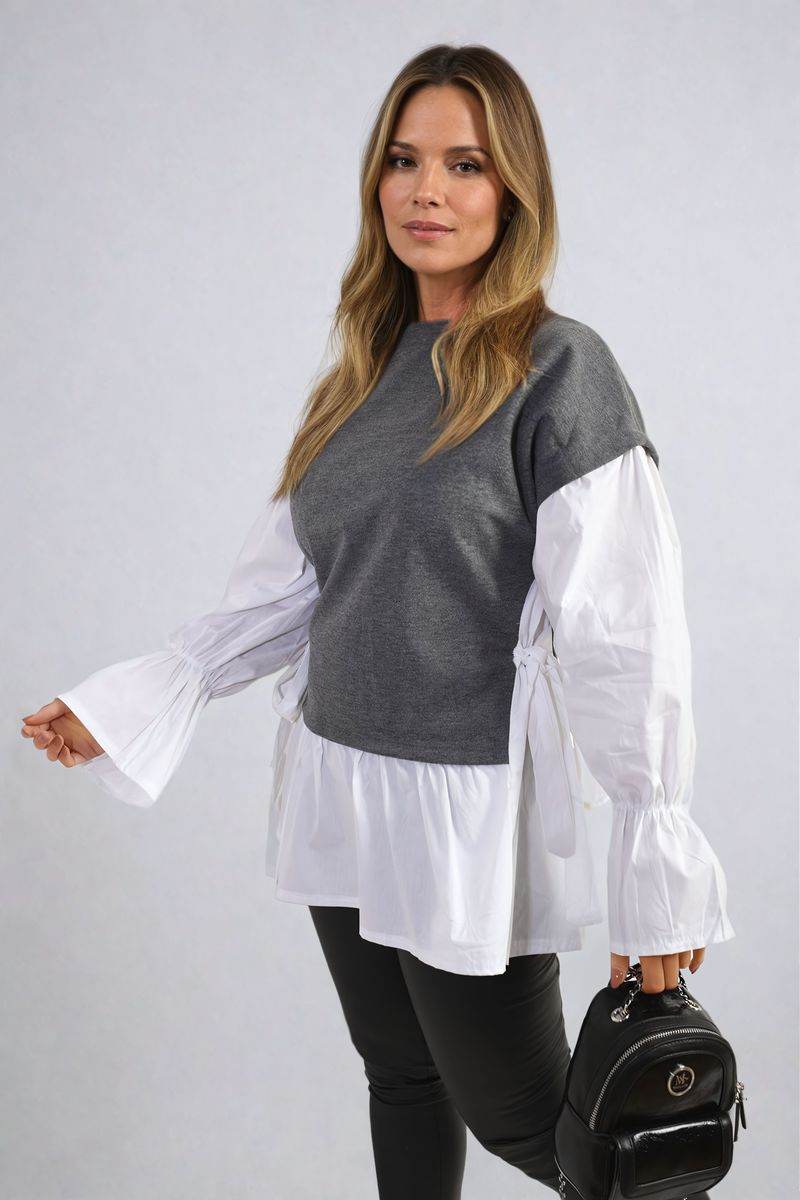 Side Tie Contrast Long Sleeve Knit Frill Top - Lunavitae