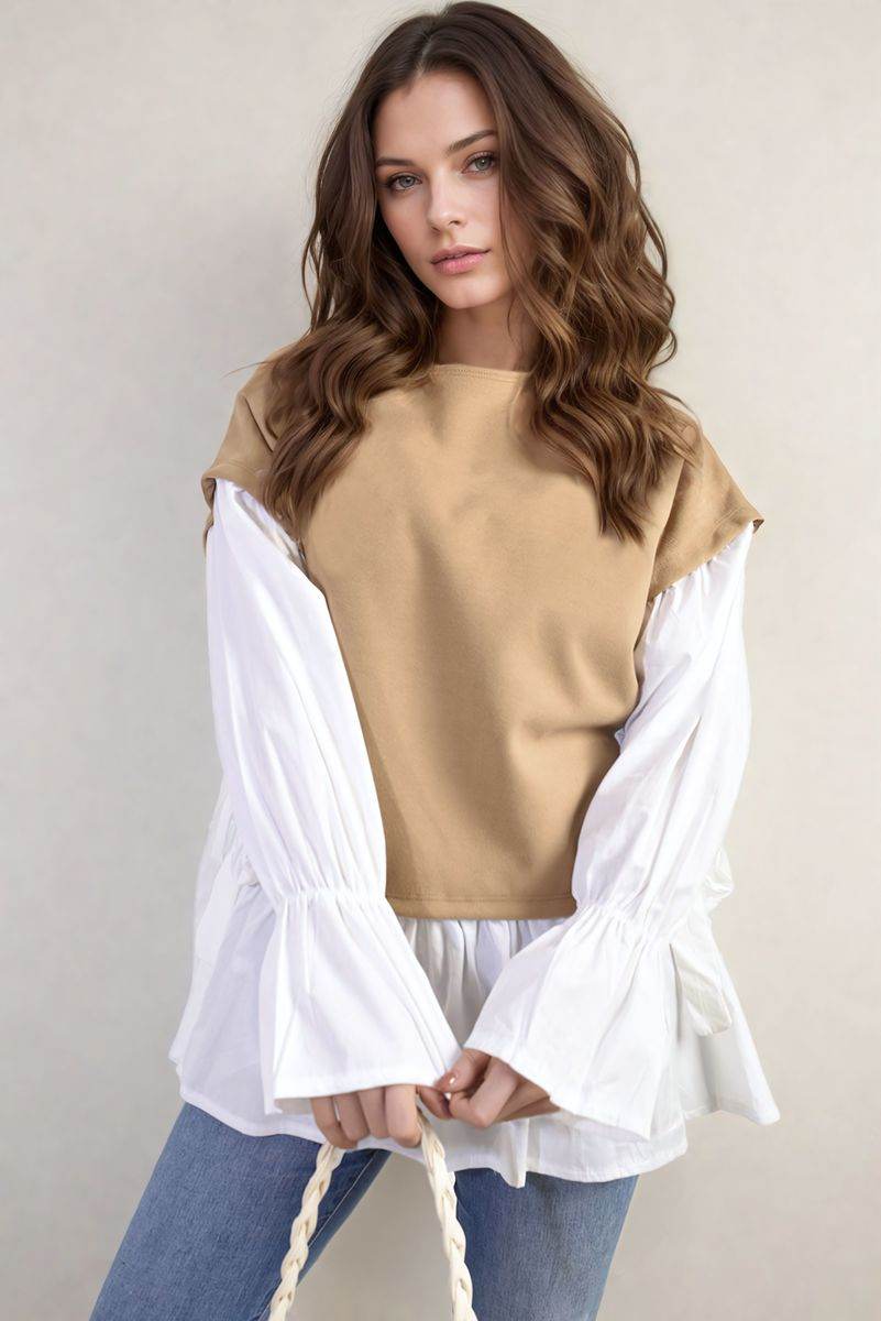 Side Tie Contrast Long Sleeve Knit Frill Top - Lunavitae