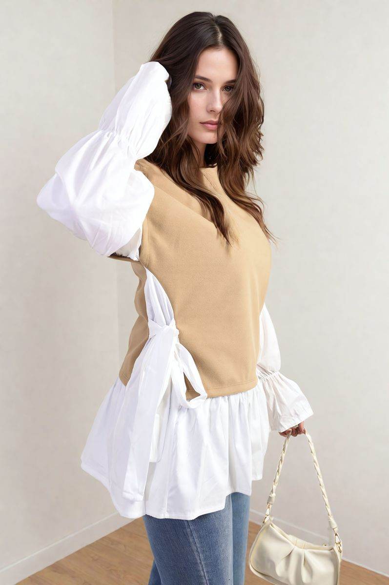 Side Tie Contrast Long Sleeve Knit Frill Top - Lunavitae