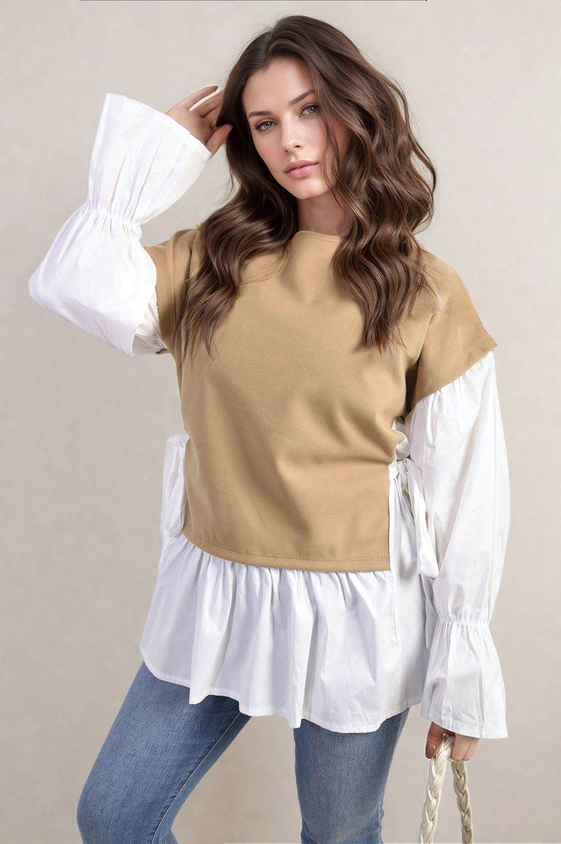 Side Tie Contrast Long Sleeve Knit Frill Top - Lunavitae