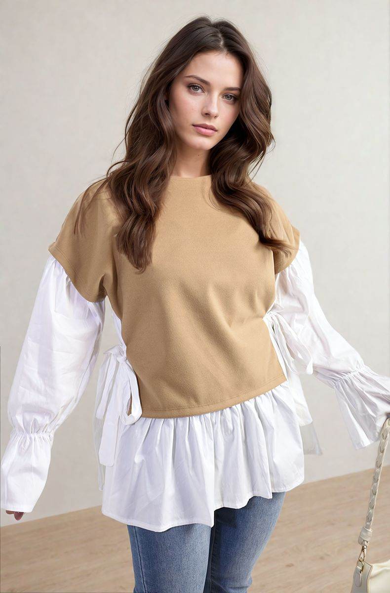 Side Tie Contrast Long Sleeve Knit Frill Top - Lunavitae