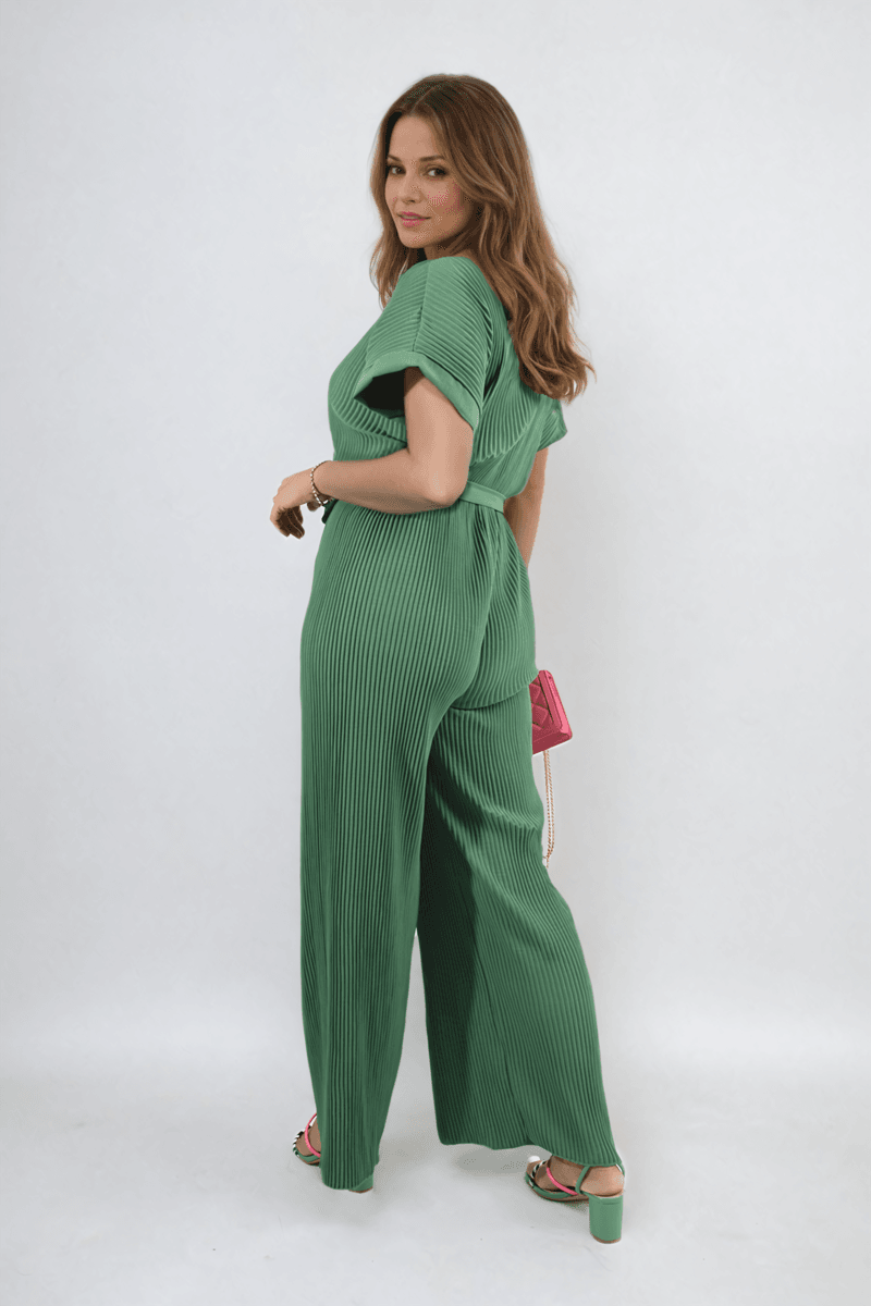 Tie Waist Short Sleeve Pleated Jumpsuit - Lunavitae